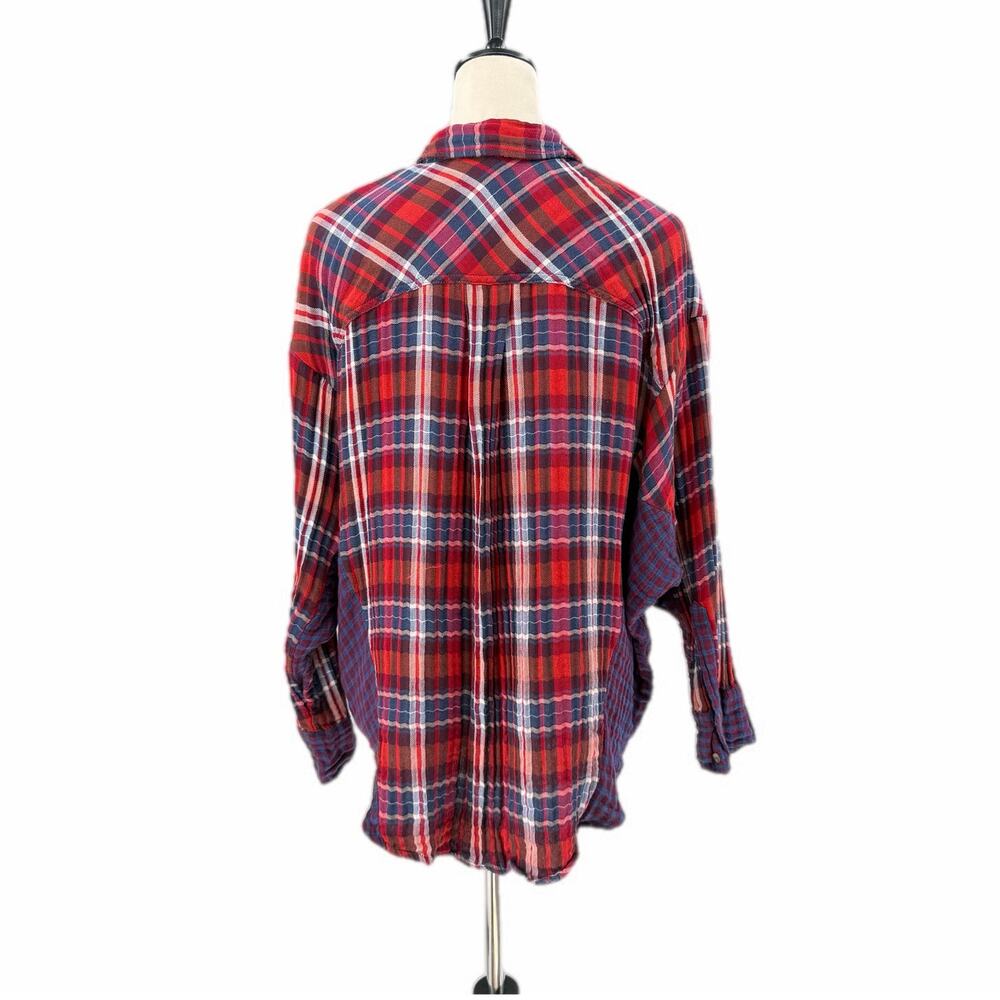 Free People One of the Guys Flannel Plaid Cotton Red White Blue Long Sleeve Top - Picture 4 of 13